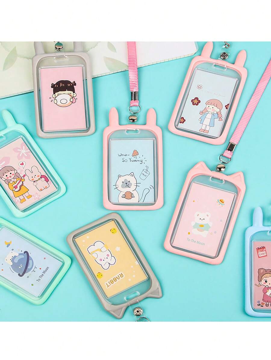 1pc Transparent Silicone Cute Cartoon Pattern Card Holder With Lanyard, For Work Id, Student Id Card, Transit Card Etc. - Pink - View 1