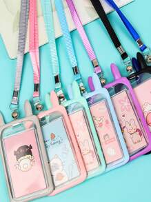 1pc Transparent Silicone Cute Cartoon Pattern Card Holder With Lanyard, For Work Id, Student Id Card, Transit Card Etc. - Pink - View 5