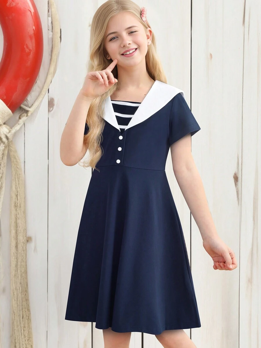 Girls Sailor Collar Button Detail Dress - Navy Blue - View 1