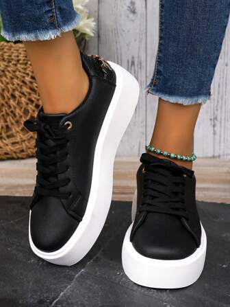 Zapatos de lona planos con cordones y puntera redonda para mujer de talla grande, zapatillas de moda casual