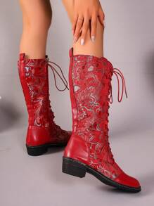Women's Retro Embroidered Flat Knee-high Boots With Low Heels For Autumn And Winter - Red - View 4