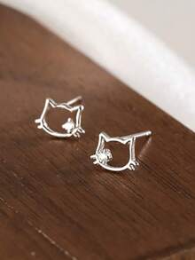 1對銅合金簡約風格優雅貓形中空鑲鑽耳釘,適用於女士 - 銀色 - 查看 5