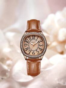 CRistianoAILLen 1pc Cristiano Allen Women's Minimalist Rhinestone Embellished Fashion High-End Leather Quartz Watch, Suitable For Party, Work, Daily Life, Valentine's Day Gift, Year-End Gift - Brown - View 2