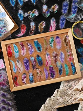 40pcs Mixed Color Feather Pattern 3d Stickers Back To School