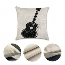 4 Piezas Conjunto De Funda De Almohada Impresa Con Diseño De Radio, Guitarra, Disco Y Auriculares Para Sofá, Decoración Del Hogar. No Incluye Relleno Para Almohadas. - Blanco y Negro - Ver 4