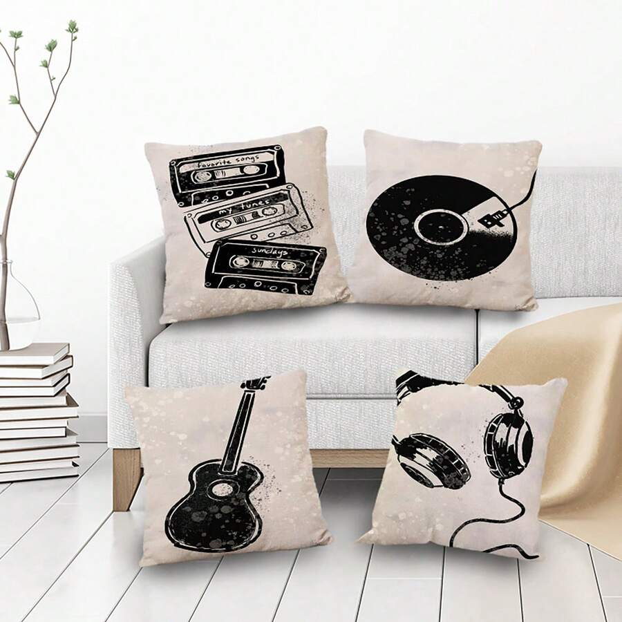 4 Piezas Conjunto De Funda De Almohada Impresa Con Diseño De Radio, Guitarra, Disco Y Auriculares Para Sofá, Decoración Del Hogar. No Incluye Relleno Para Almohadas. - Blanco y Negro - Ver 1