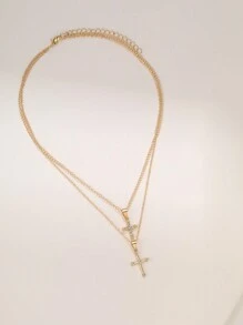 17KM 1pc Rhinestone Cross Pendant Necklace For Women, Holiday & Date - Yellow Gold - View 3