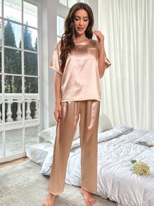 女式卡其色短袖上衣和長褲睡衣套裝 - 卡其色 - 查看 3
