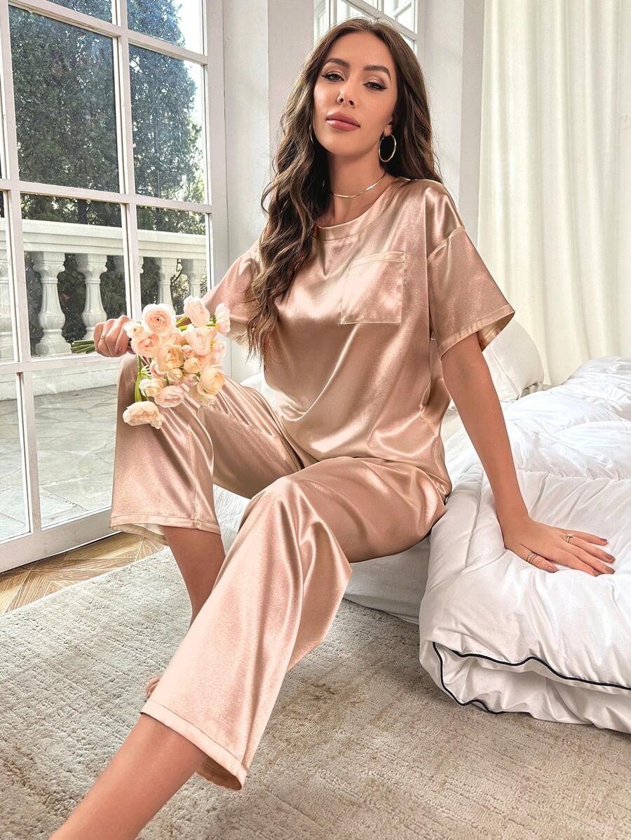 女式卡其色短袖上衣和長褲睡衣套裝 - 卡其色 - 查看 1