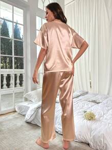 女式卡其色短袖上衣和長褲睡衣套裝 - 卡其色 - 查看 2
