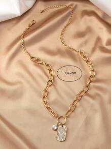 1pc Metallic Braided Chunky Chain Necklace With Geometric Asymmetrical Square Rhinestone Pendant, Ins Style - Yellow Gold - View 2