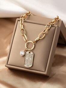 1pc Metallic Braided Chunky Chain Necklace With Geometric Asymmetrical Square Rhinestone Pendant, Ins Style - Yellow Gold - View 1