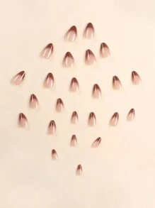 24片/套 短款杏仁形美甲贴纸，裸粉至奶茶棕渐变色，包含1个指甲锉和1个果冻美甲贴纸 - 摩卡棕 - 查看 4