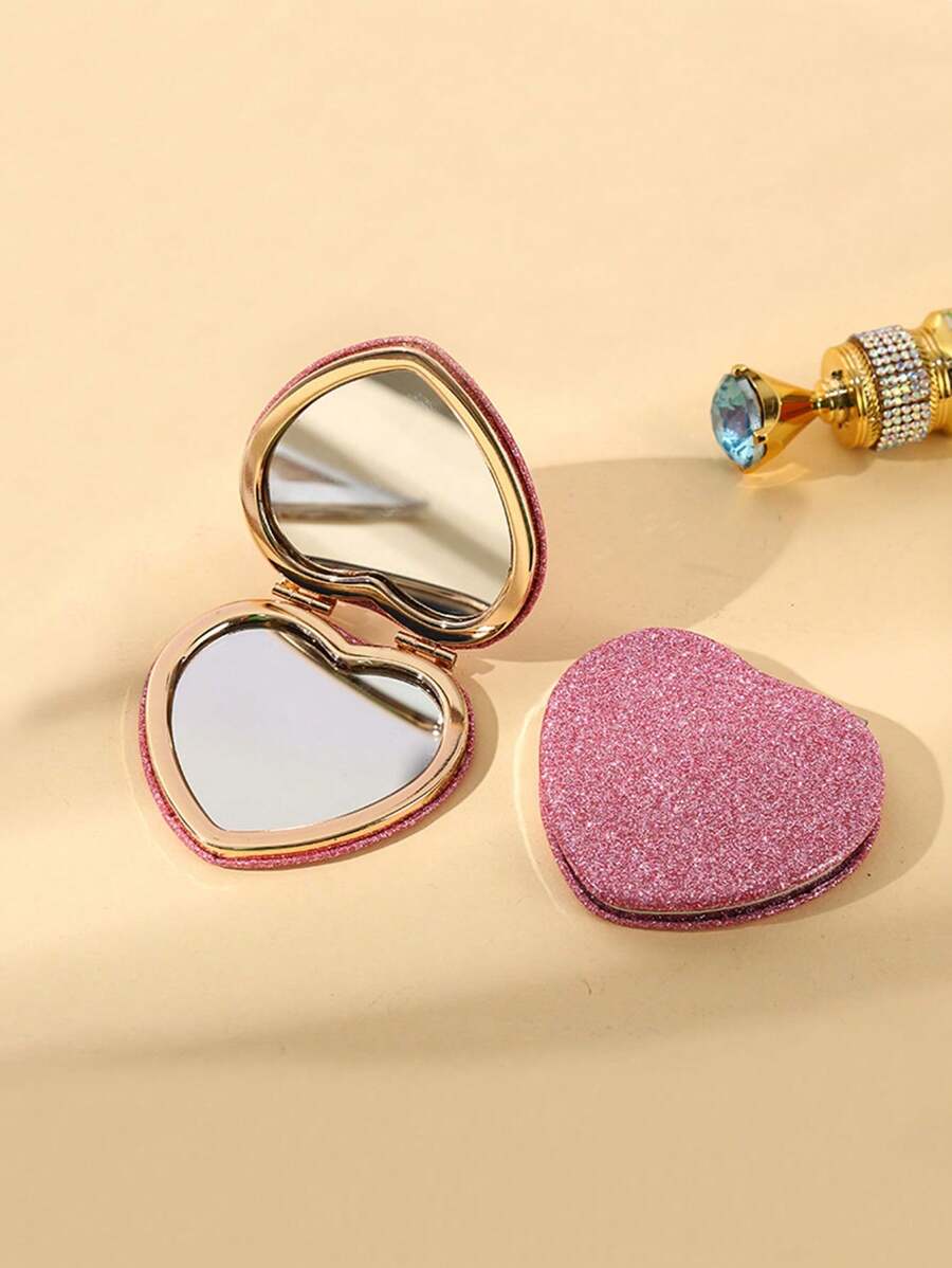 1 Pieza Espejo De Bolsillo Con Forma De Corazón Para Niñas, Espejo De Maquillaje Plegable Y Portátil Para Estudiantes - Rosa - Ver 1