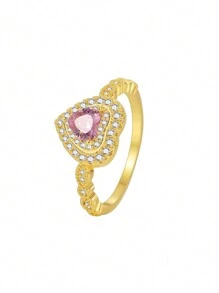 Charm-In 1入組鍍銅18K金鑲嵌粉色的心形方晶鋯石圓環適合女孩 - 金黃色 - 查看 8