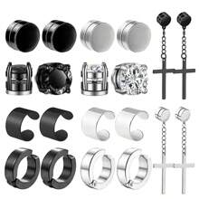 10pairs Magnetic Stud Earrings For Men Stainless Steel Magnetic Earrings, Non-Piercing Cross Dangle Hoop Earrings Unisex Gauges Clip On Earring CZ Magnet Earring Set