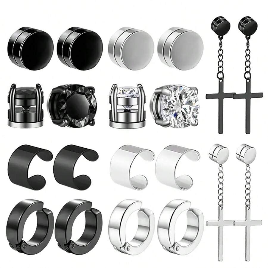 10pairs Magnetic Stud Earrings For Men Stainless Steel Magnetic Earrings, Non-Piercing Cross Dangle Hoop Earrings Unisex Gauges Clip On Earring CZ Magnet Earring Set