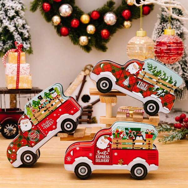 1pc Christmas Car Candy Box,Creative Christmas Tree Snowman Elk Penguin Gift Decoration Tinplate Gift Storage Box