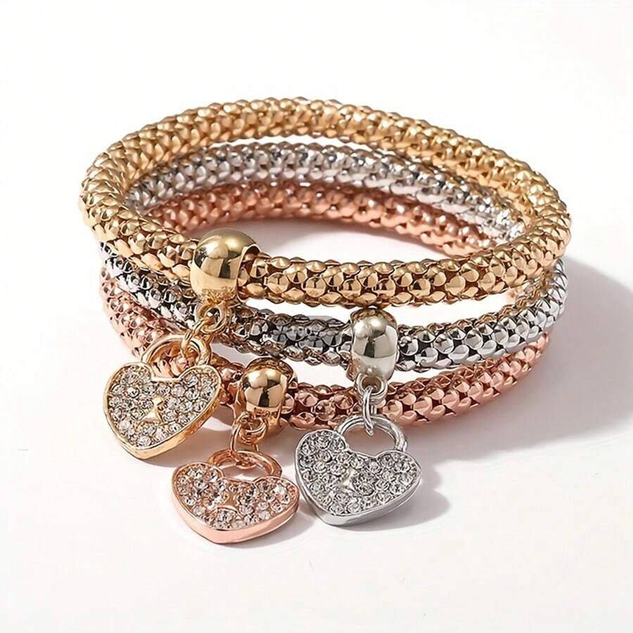 طقم سوارات مرنة على شكل قلب مكون من 3 قطع - متعدد الألوان - مشاهدة 1