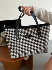 Tartan Large Capacity Laptop Tote Bag, Simple Casual Shoulder Bag Women's Versatile Fashion Portable Handbag & Purse For Commuting & Going Out, Vintage Style Bucket Bags Stylish Hobo Mommy Bag Top-Handle Satchel For Daily Use - Black - View 3