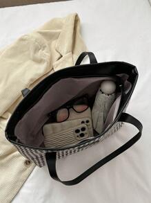 Tartan Large Capacity Laptop Tote Bag, Simple Casual Shoulder Bag Women's Versatile Fashion Portable Handbag & Purse For Commuting & Going Out, Vintage Style Bucket Bags Stylish Hobo Mommy Bag Top-Handle Satchel For Daily Use - Black - View 4