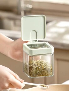 Dust-proof And Damp-proof Glass Condiment Jar With Single Hand Opening Lid, Spoon And Handle - Green - View 4