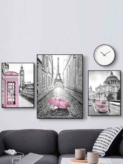 Set Of 3 Modern Art Prints With Eiffel Tower, Saint Paul's Cathedral, And Big Ben, Featuring Pink Telephone Booths, Buses, And Umbrellas, Bedroom, Kitchen, Office Wall Decor Canvas Print, Canvas Only,Wall Art,Poster Gifts Birthday Graduation