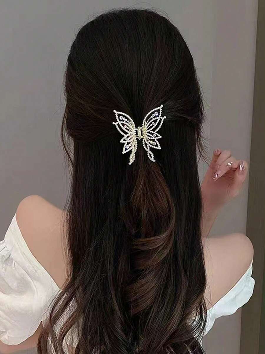 1個女性金色鑲鑽蝴蝶髮卡,甜美,多功能和高端髮卡,適用於高馬尾和後腦勺的髮髻 - 金色 - 查看 1