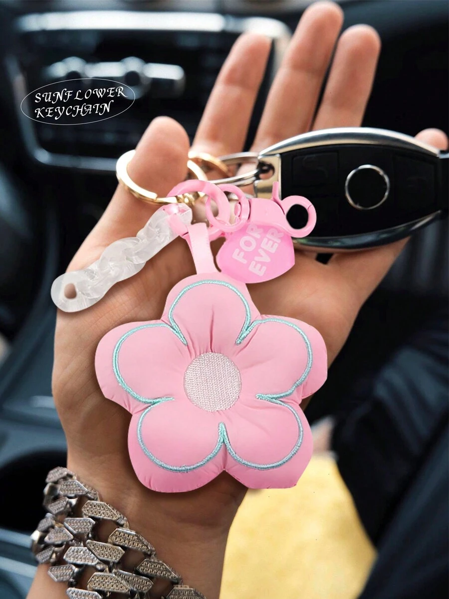 1pc Fabric Sunflower Shaped Plush Pendant Keychain - Pink - View 1