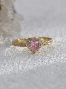 Charm-In 1 件 18K 镀金铜戒指，镶嵌白色锆石心形，适合女士 - 白色 - 查看 7