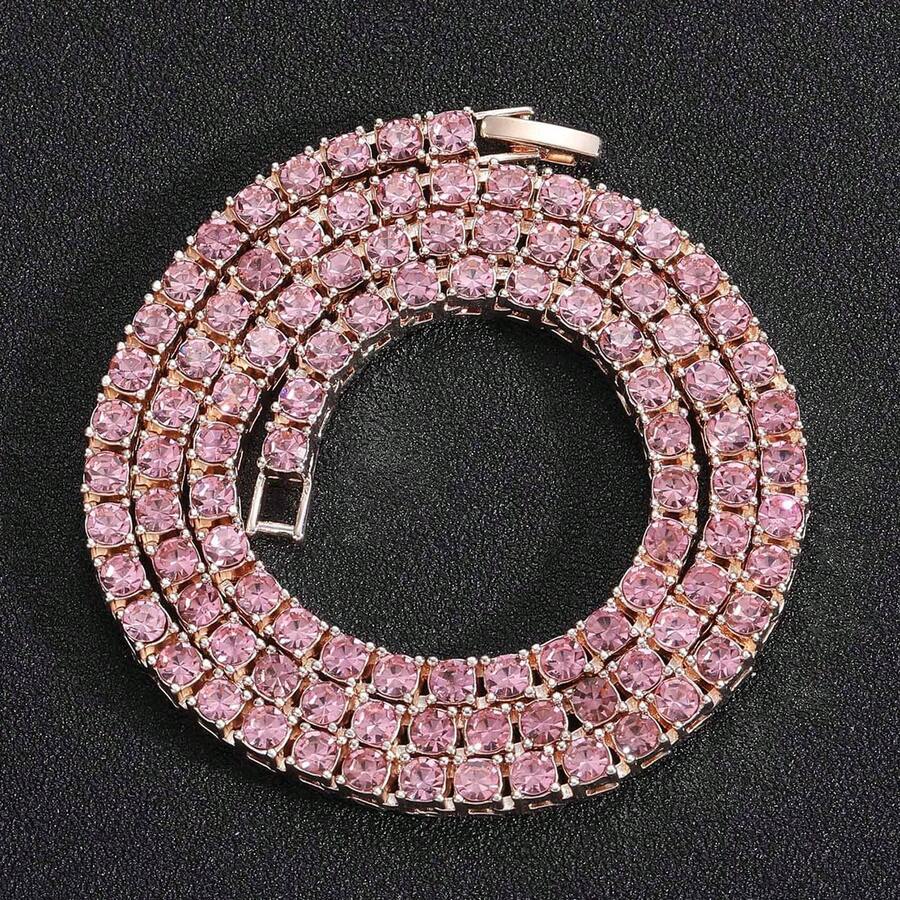 1條5mm網球項鍊嘻哈圓形鑽石鍍金項鍊 - 粉色 - 查看 1