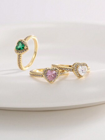 Charm-In 1 件 18K 镀金铜戒指镶嵌粉色心形锆石，适合女士