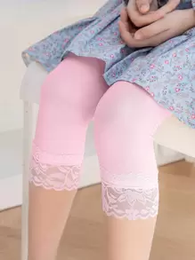 1 條幼兒女孩夏季超彈性蕾絲邊七點打底褲 - 粉色 - 查看 1
