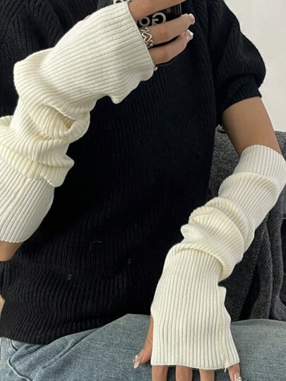 SHEIN X Lucía Bellido 1 par de guantes sin dedos de lana tejida de color blido a la moda para mujeres, apropiados para uso diario en otoño e invierno para mantener el calor. Accesorios de Halloween guantes de invierno.