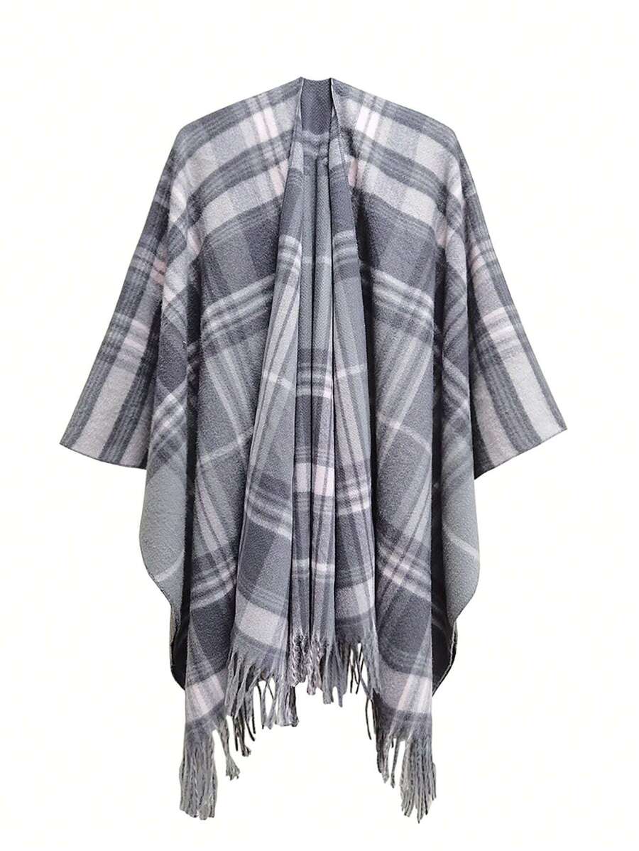 1pc Fringe Grid Pattern Patchwork Poncho Shawl With Tassel Hem, Warm For Autumn And Winter Daily Wear - Multicolor - View 1