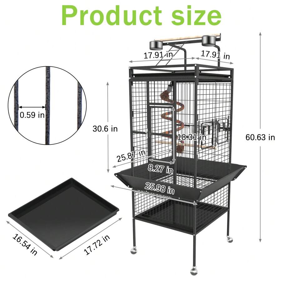61'' Bird Cage, Bird Flight Cages with Rolling Stand & Bottom Tray