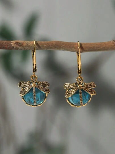 1pair Vintage Dragonfly & Green Crystal Pendant Earrings, Bohemian Style Earring Jewelry For Women, Party