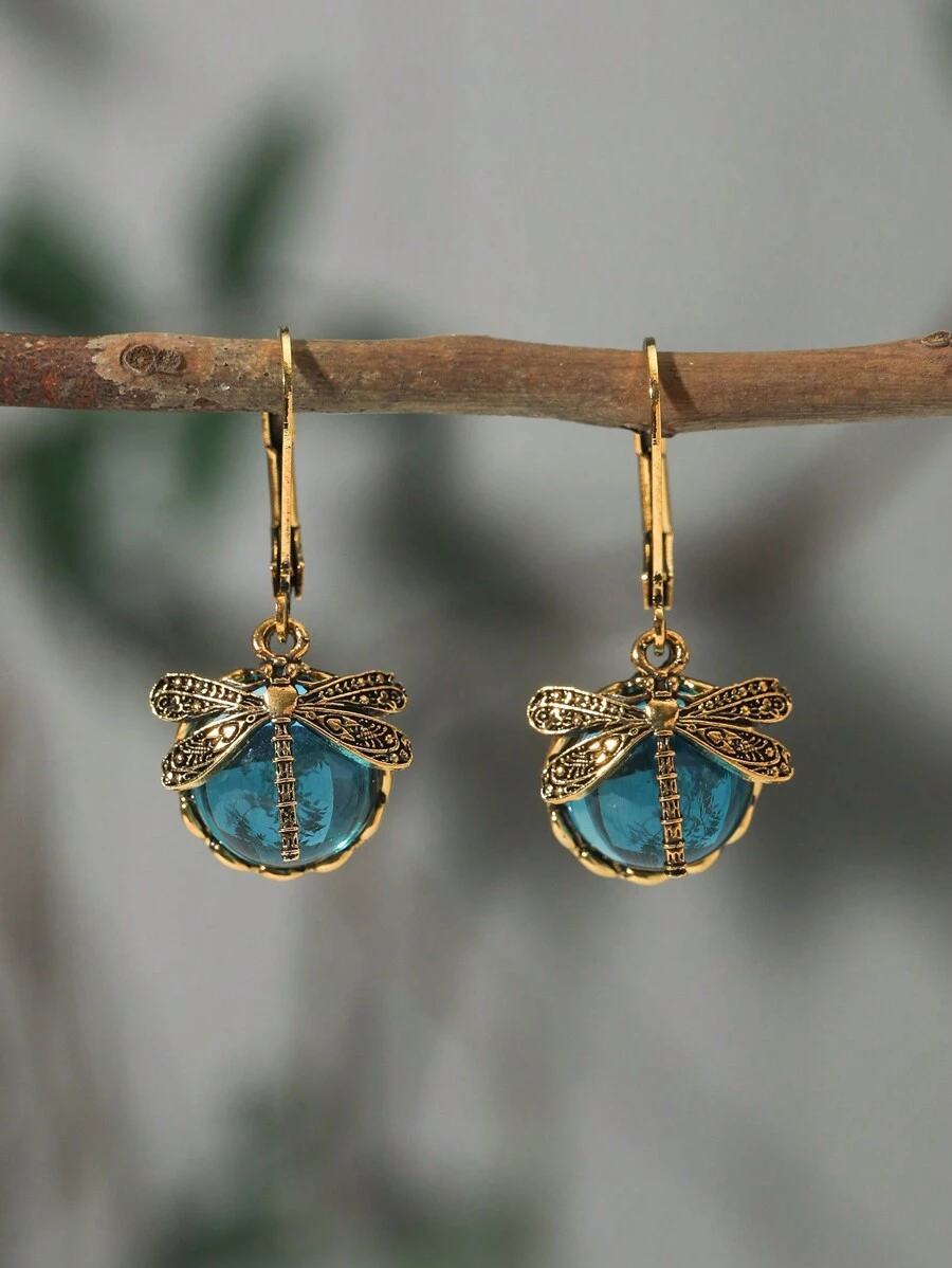 1 Par De Pendientes Vintage De Libélula Y Cristal Verde, Joyería De Estilo Bohemio Para Mujeres, Fiesta