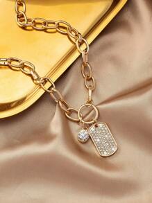 1pc Metallic Braided Chunky Chain Necklace With Geometric Asymmetrical Square Rhinestone Pendant, Ins Style - Yellow Gold - View 3