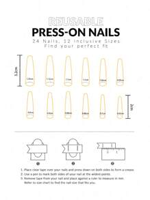 24入組時尚棺材形狀和簡約心形和鑲有鑽石設計的美甲套裝，適合女性日常穿著和通勤壓花指甲美甲用品 - 彩色 - 查看 4