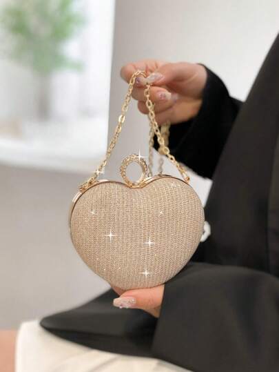 Fashionable Rhinestone Decorated Evening Bag Brand Designer Shine Sweetheart Evening Clutches Handbag Purse Women Shoulder Crossbody Bags 2022 New Ladies Messenger Bags, Heart Purse, Perfectly Match With Valentine Day Dress