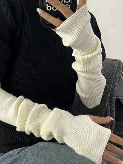 1 Pair Of Women's White Solid Color Fashionable Knitted Knitted Fingerless Gloves, Suitable For Daily Wear In Autumn And Winter To Keep Warm. Halloween Accessories Winter Gloves Cold Gloves