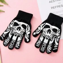 2pcs Halloween Decor Skeleton Knit Ghost Claw Bone Skeleton Finger Cycling Gloves Outdoor Adult Warm Mittens, Glow In The Dark - Black and White - View 2