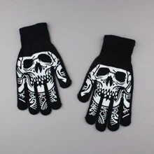 2pcs Halloween Decor Skeleton Knit Ghost Claw Bone Skeleton Finger Cycling Gloves Outdoor Adult Warm Mittens, Glow In The Dark - Black and White - View 1