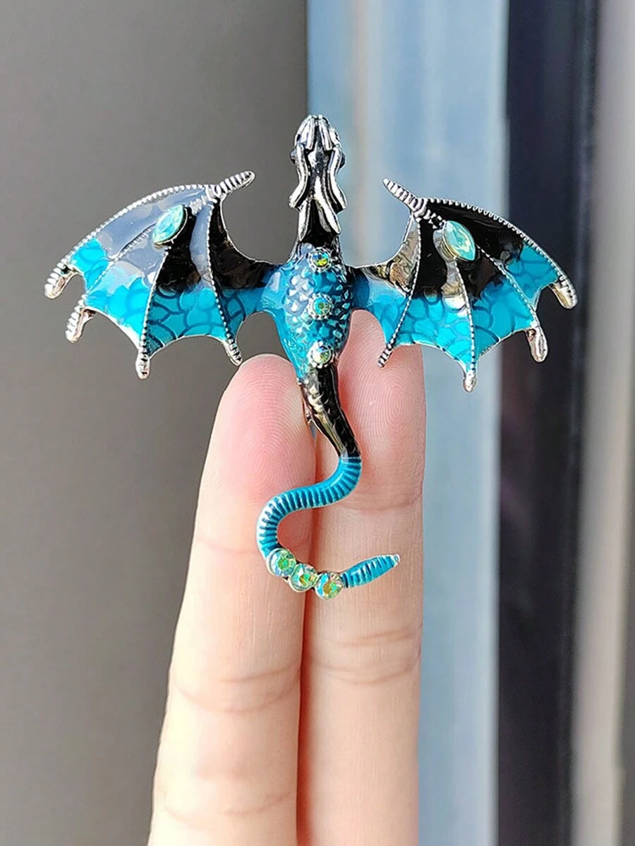 1pc Blue Dragon Shaped Animal Brooch With Rhinestone Detail, Unisex Clothing Accessory - Blue - View 1