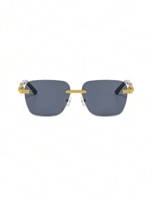 1pc Unisex Gold Frame Grey Lens Metal Wood Grain Arm Leopard Decoration Rimless Fashion Glasses With Cut Edge Design - Grey - View 2