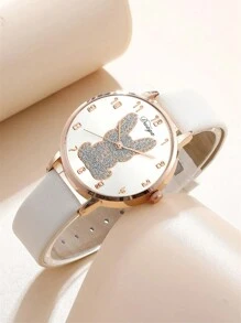 兒童手錶,卡通兔子,可愛又萬用,簡約休閒送禮錶,石英錶+蝴蝶珍珠首飾套裝 - 白色 - 查看 3
