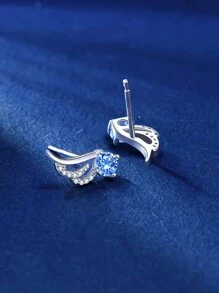 1pc 925 Sterling Silver Stud Earring With Wing & Rhinestone Design For Ear Piercing, Ins Style - Silver - View 5