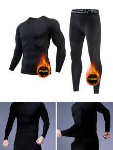 男士純黑色絨面長袖上衣和長褲套裝,2入組健身服男士,運動衣套裝,運動服 - 黑色 - 查看 2