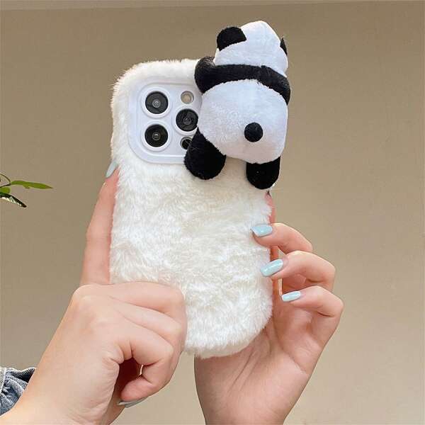 Custodia per telefono in peluche 3D a forma di panda, compatibile con 17 Pro Max/17 Pro/17, 16 Pro Max/16 Pro/16, 15 Pro Max/15 Pro/15, 14 Pro Max/14 Pro/14, Nuovo 13 Pro Max/13 Pro, 11, 12, custodia per telefono in pelliccia cartoni animati